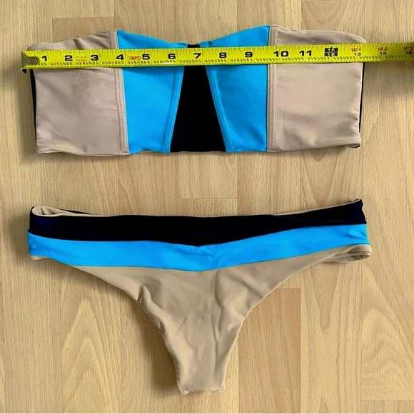 Black blue beige sprinted striped bikini swim set strapless bandeau, low rise S - Picture 9 of 10